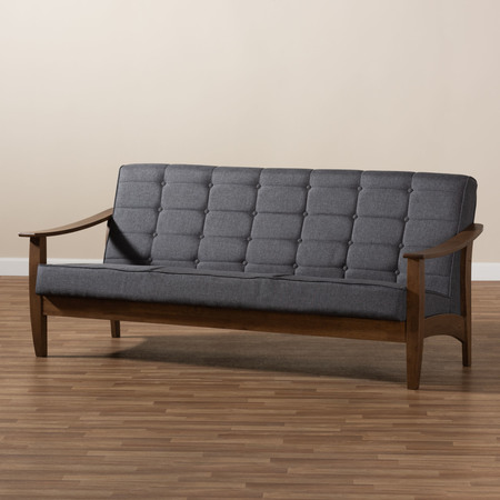 Baxton Studio Larsen Mid-Century Gray Upholstered Walnut Wood Sofa 153-9164